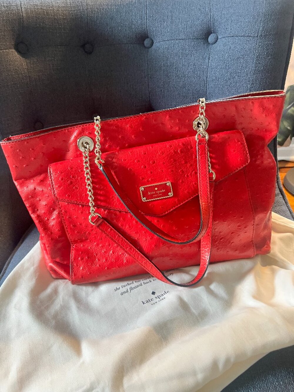 Kate Spade Victoria Falls Maryanne Ostrich-Embossed Leather Tote – Red